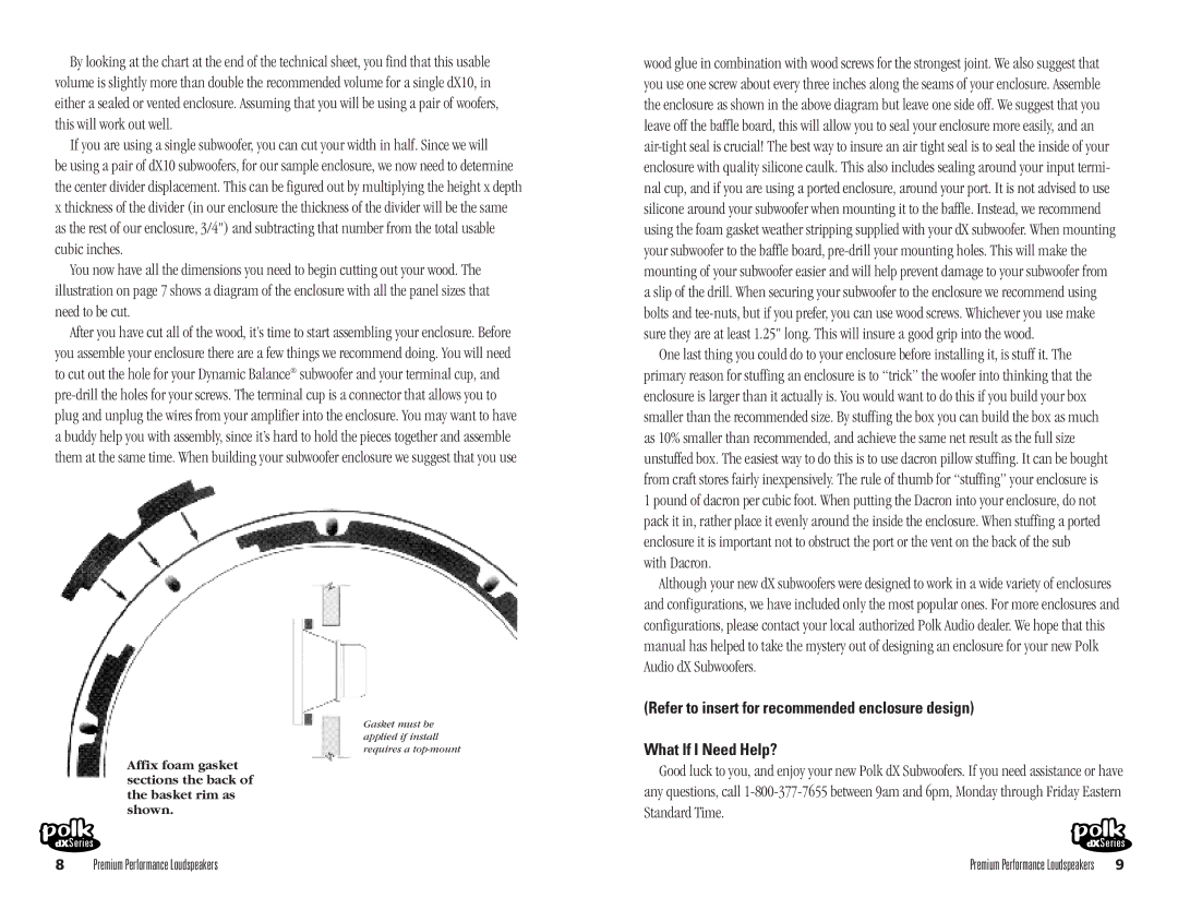 Polk Audio dX8 owner manual With Dacron 