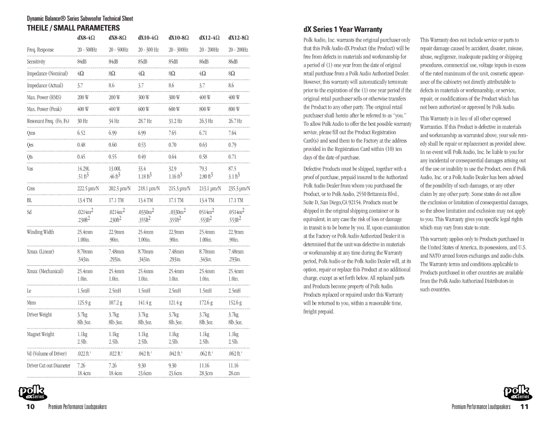 Polk Audio dX8 owner manual Theile / Small Parameters, DX Series 1 Year Warranty 