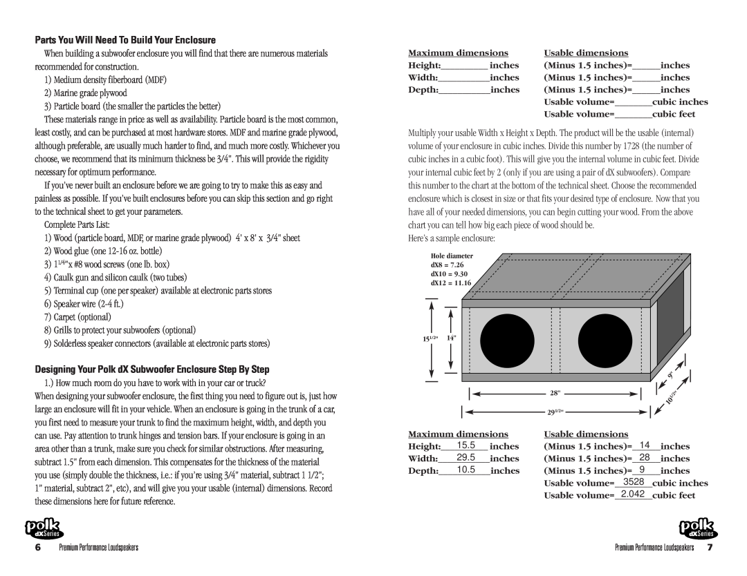 Polk Audio dX8 owner manual Parts You Will Need To Build Your Enclosure 