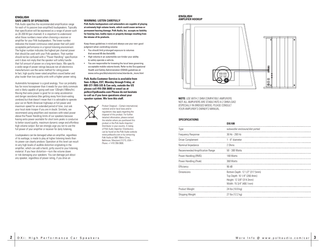 Polk Audio DXI108 manual Safe Limits of Operation, Specifications 