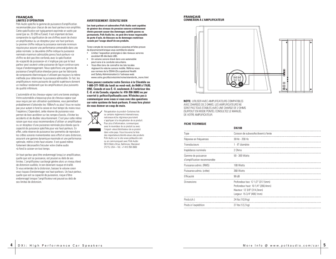 Polk Audio DXI108 manual Limites D’OPÉRATION, Avertissement Écoutez Bien, Fiche Technique 