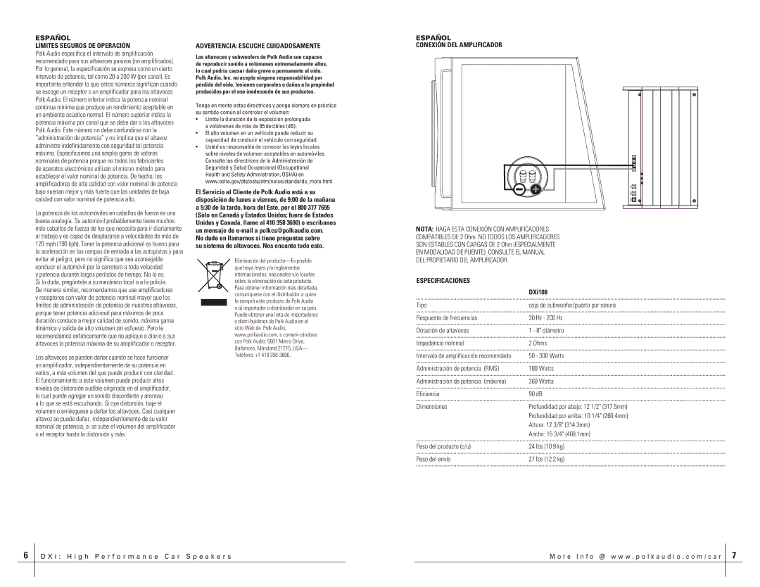 Polk Audio DXI108 manual Límites Seguros DE Operación, Advertencia Escuche Cuidadosamente, Conexión DEL Amplificador 