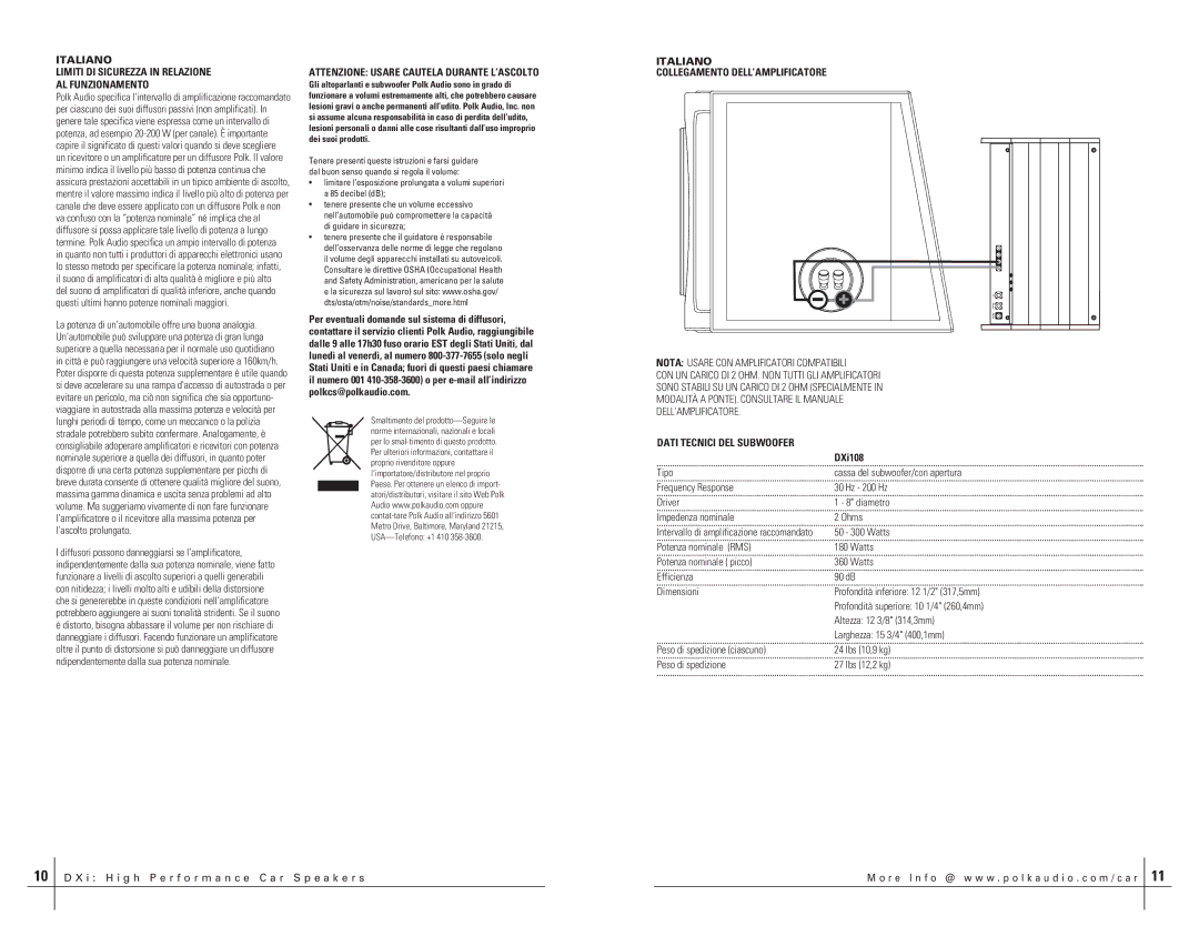 Polk Audio DXI108 manual Limiti DI Sicurezza in Relazione AL Funzionamento, Attenzione Usare Cautela Durante L’ASCOLTO 