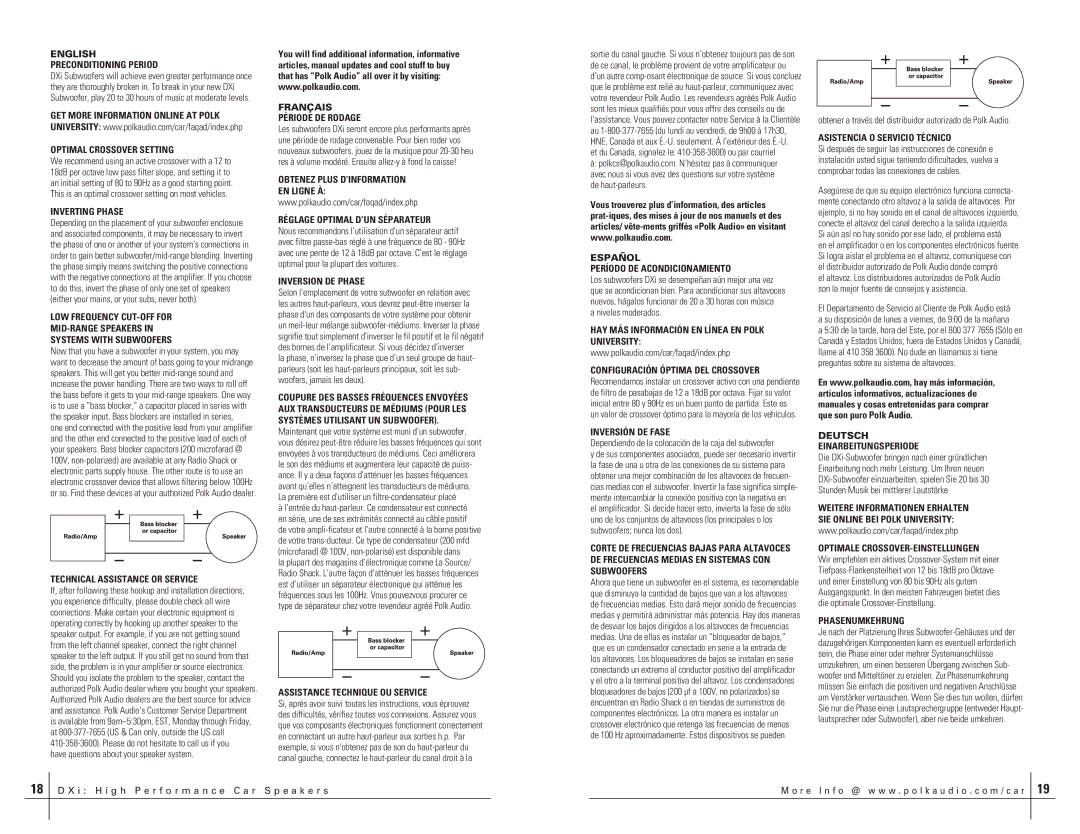 Polk Audio DXI804 DVC Preconditioning Period, Optimal Crossover Setting, Inverting Phase, Technical Assistance or Service 