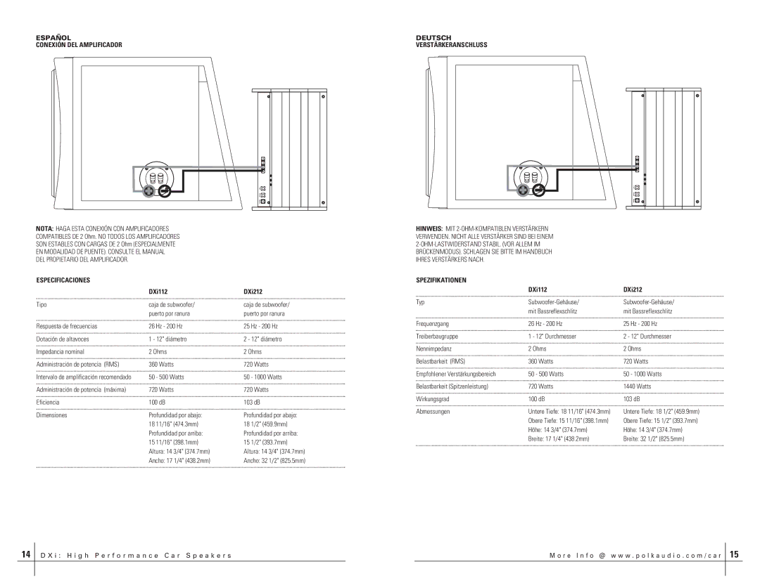 Polk Audio DXI124 SVC, DXI112 SVC, DXI804 DVC, DXI104 DVC manual Conexión DEL Amplificador, Especificaciones, Spezifikationen 