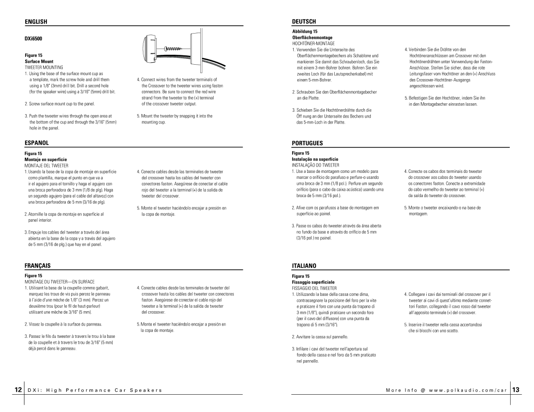 Polk Audio DXI350 Espanol Portugues, Français Italiano, Surface Mount, Oberflächenmontage, Montage DU TWEETER-EN Surface 