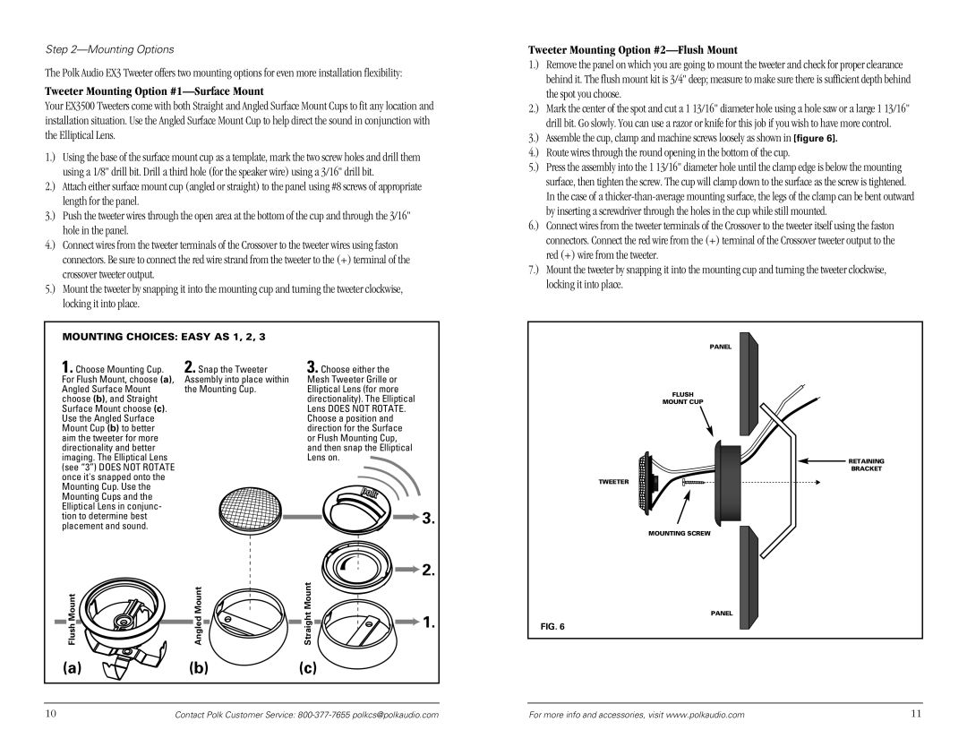 Polk Audio EX3 Series manual Tweeter Mounting Option #1-Surface Mount, Tweeter Mounting Option #2-Flush Mount 