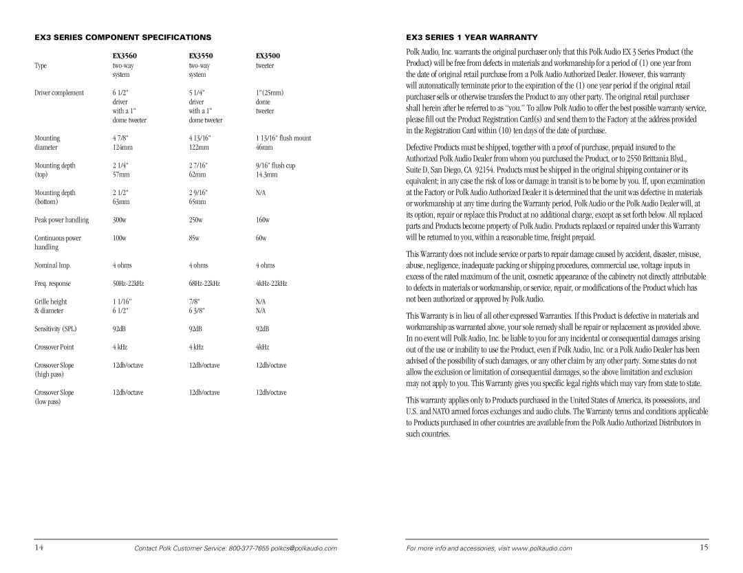 Polk Audio manual EX3 Series Component Specifications, EX3 Series 1 Year Warranty 