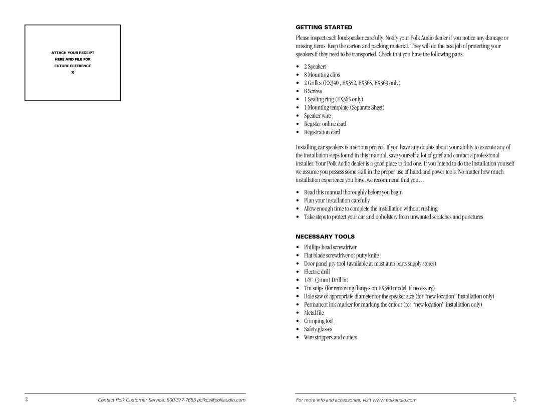 Polk Audio EX3 owner manual Getting Started, Necessary Tools 