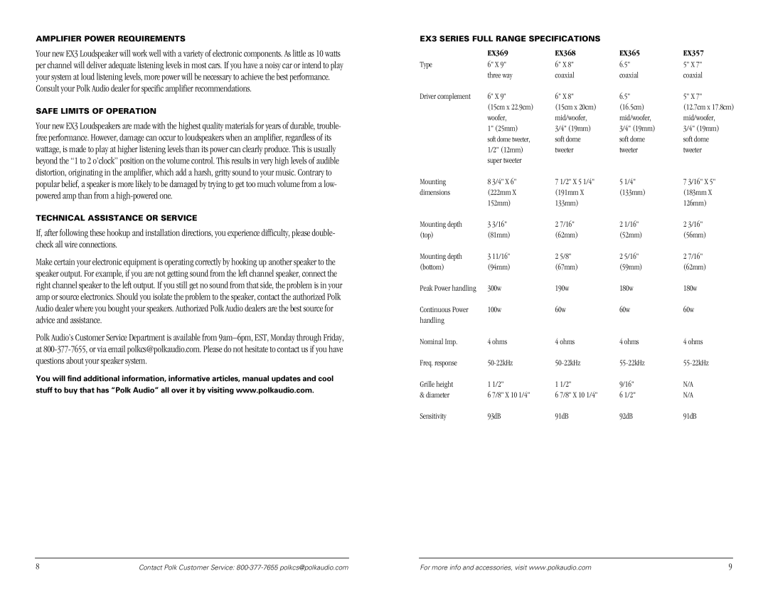 Polk Audio EX3 owner manual Amplifier Power Requirements, Safe Limits of Operation, Technical Assistance or Service 