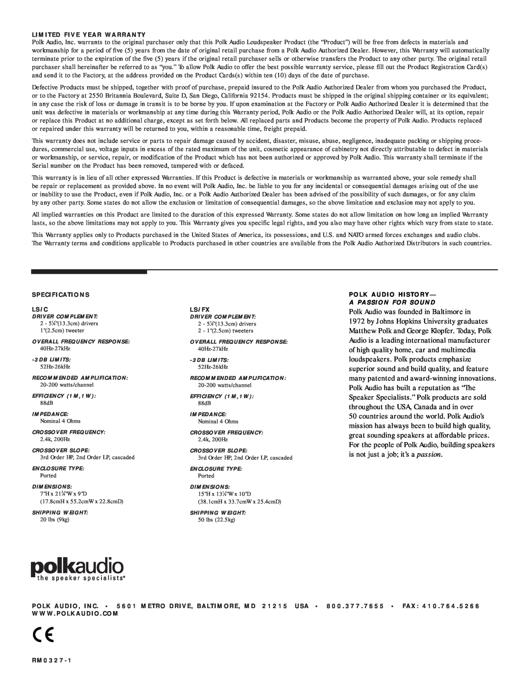 Polk Audio FX owner manual Polk Audio was founded in Baltimore in 