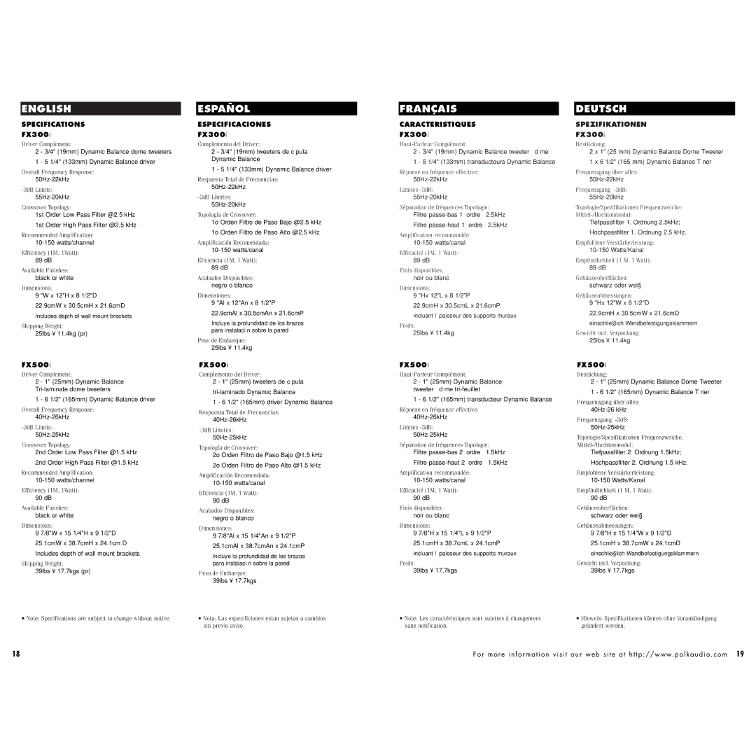 Polk Audio FX500i, FX300I instruction manual Français Deutsch, Specifications 