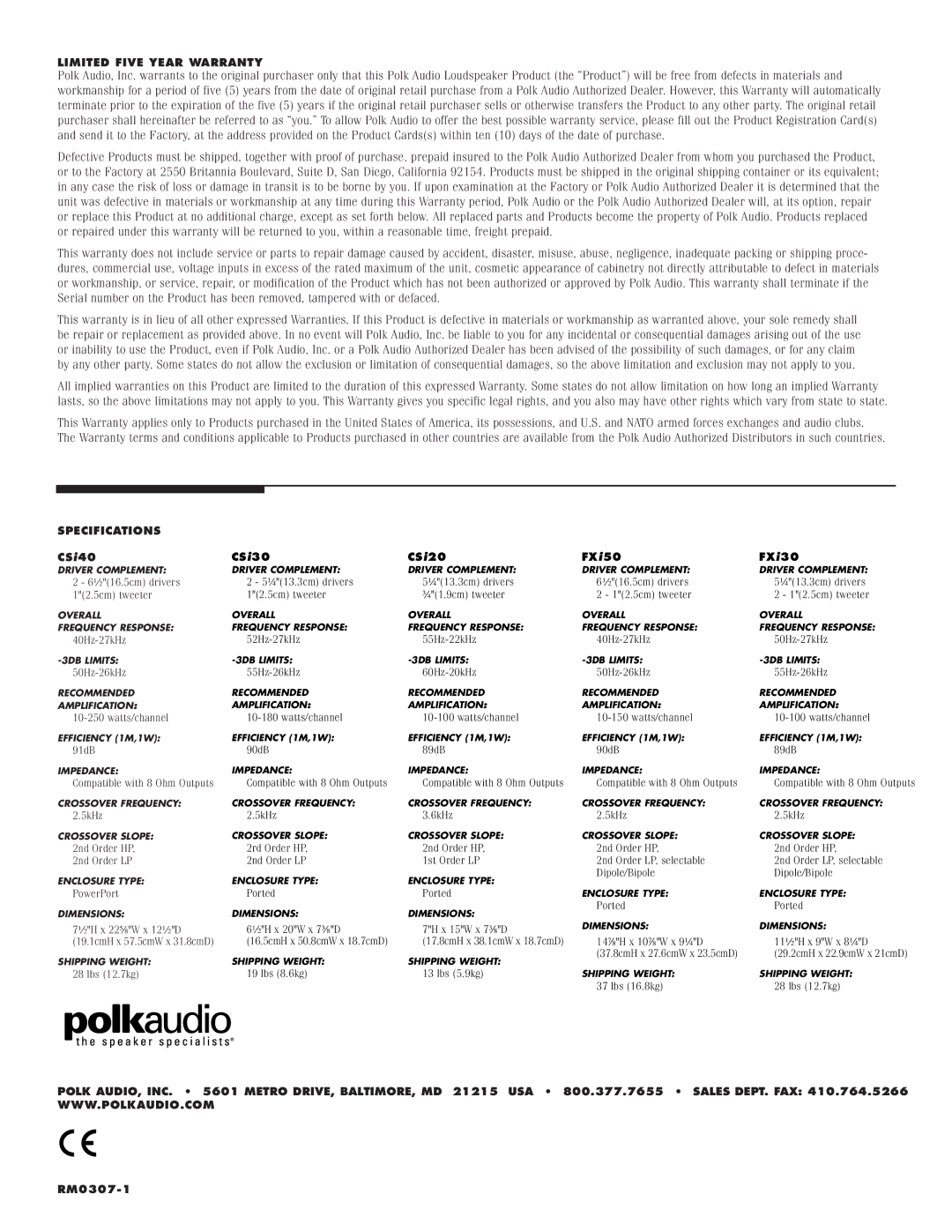 Polk Audio CSi 30, FXI50, FXI30, CSi 40, CSi 20 owner manual Specifications 