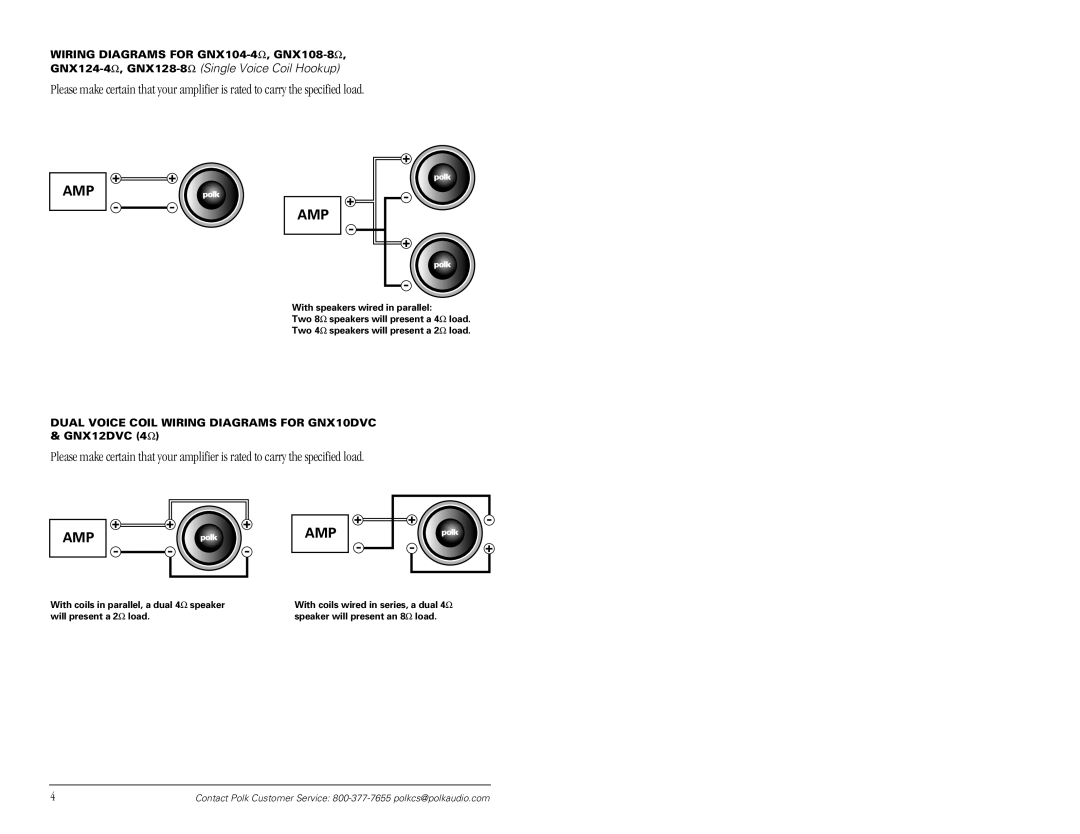 Polk Audio manual Wiring Diagrams for GNX104-4Ω , GNX108-8Ω, Dual Voice Coil Wiring Diagrams for GNX10DVC & GNX12DVC 4Ω 