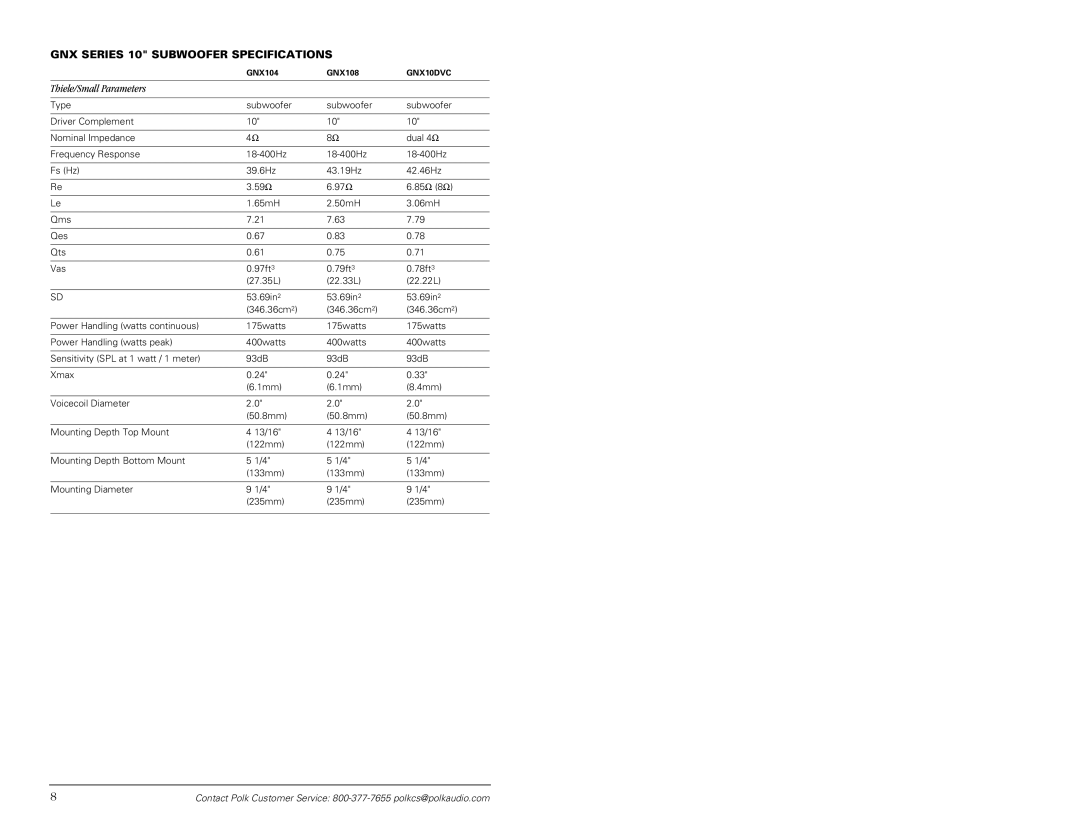 Polk Audio GNX104-4 manual GNX Series 10 Subwoofer Specifications, Thiele/Small Parameters 