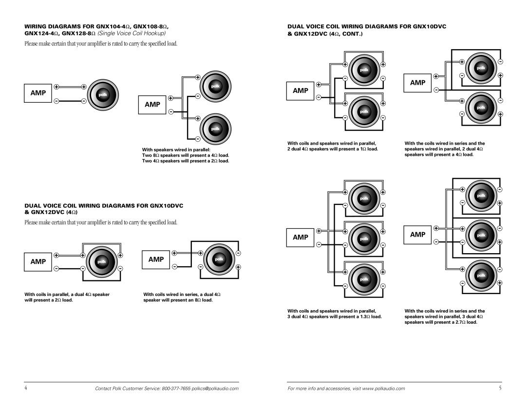 Polk Audio manual Wiring Diagrams for GNX104-4Ω , GNX108-8Ω, Dual Voice Coil Wiring Diagrams for GNX10DVC & GNX12DVC 4Ω 