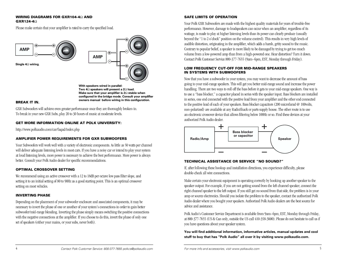 Polk Audio GXR Series Wiring Diagrams for GXR104-4ΩAND GXR124-4Ω, Safe Limits of Operation, Optimal Crossover Setting 