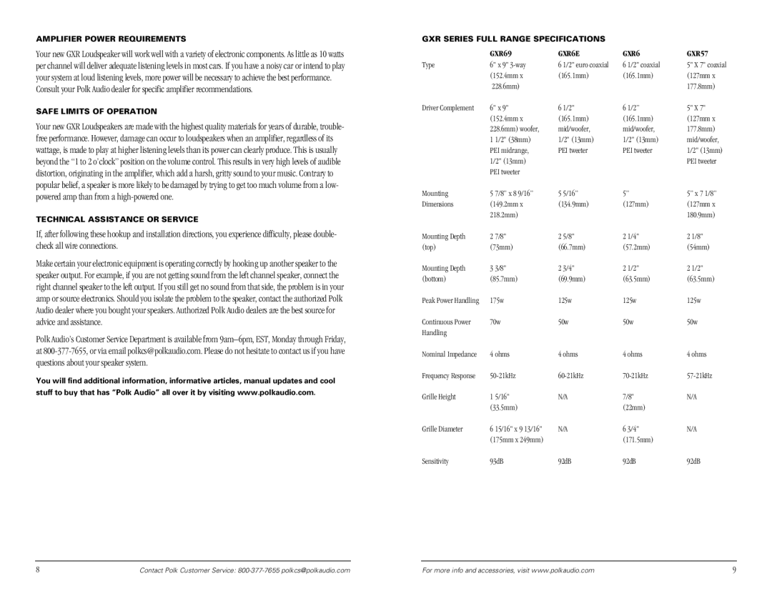 Polk Audio GXR4 Amplifier Power Requirements, Safe Limits of Operation, Technical Assistance or Service, GXR69 GXR6E GXR57 