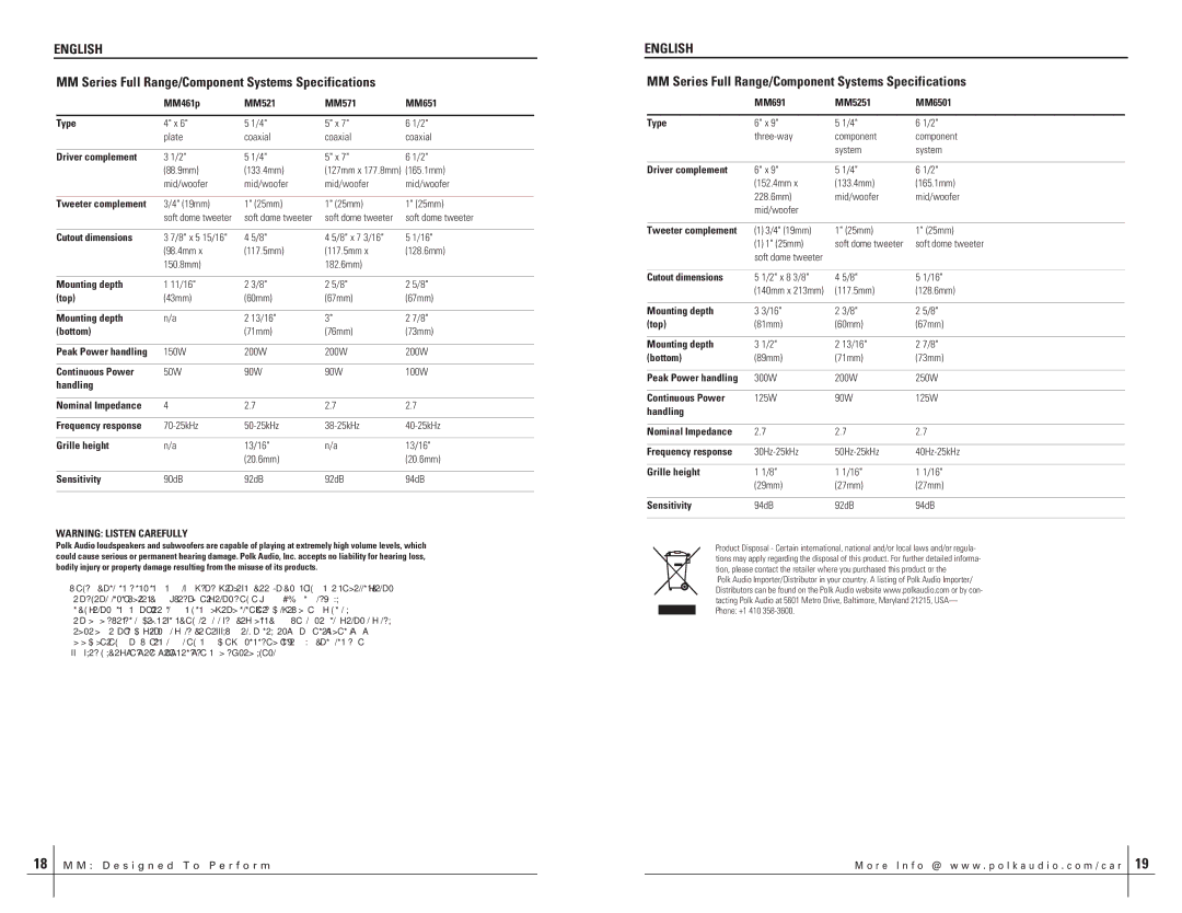 Polk Audio HBP1619-C manual MM Series Full Range/Component Systems Specifications 