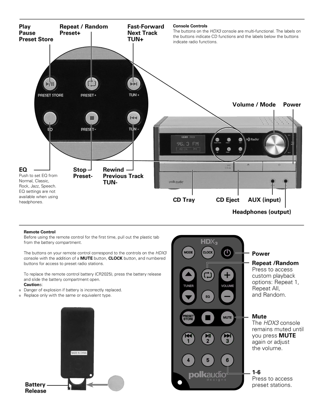 Polk Audio HDX3 manual Console Controls, Remote Control 