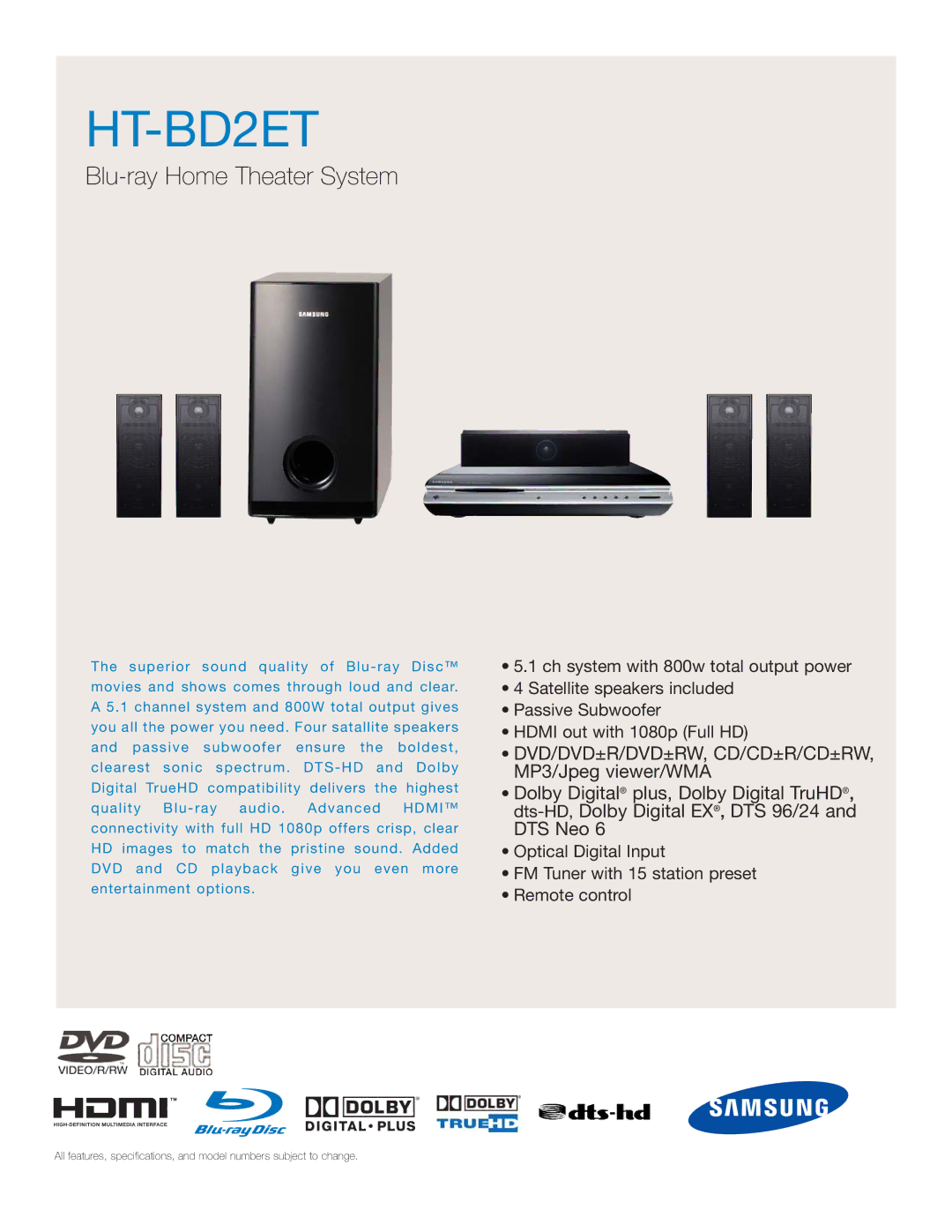 Polk Audio specifications HT-BD2ET, Blu-ray Home Theater System 