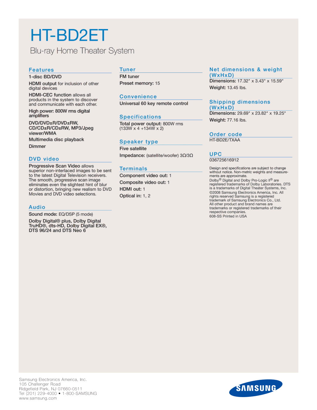 Polk Audio HT-BD2E specifications Upc 