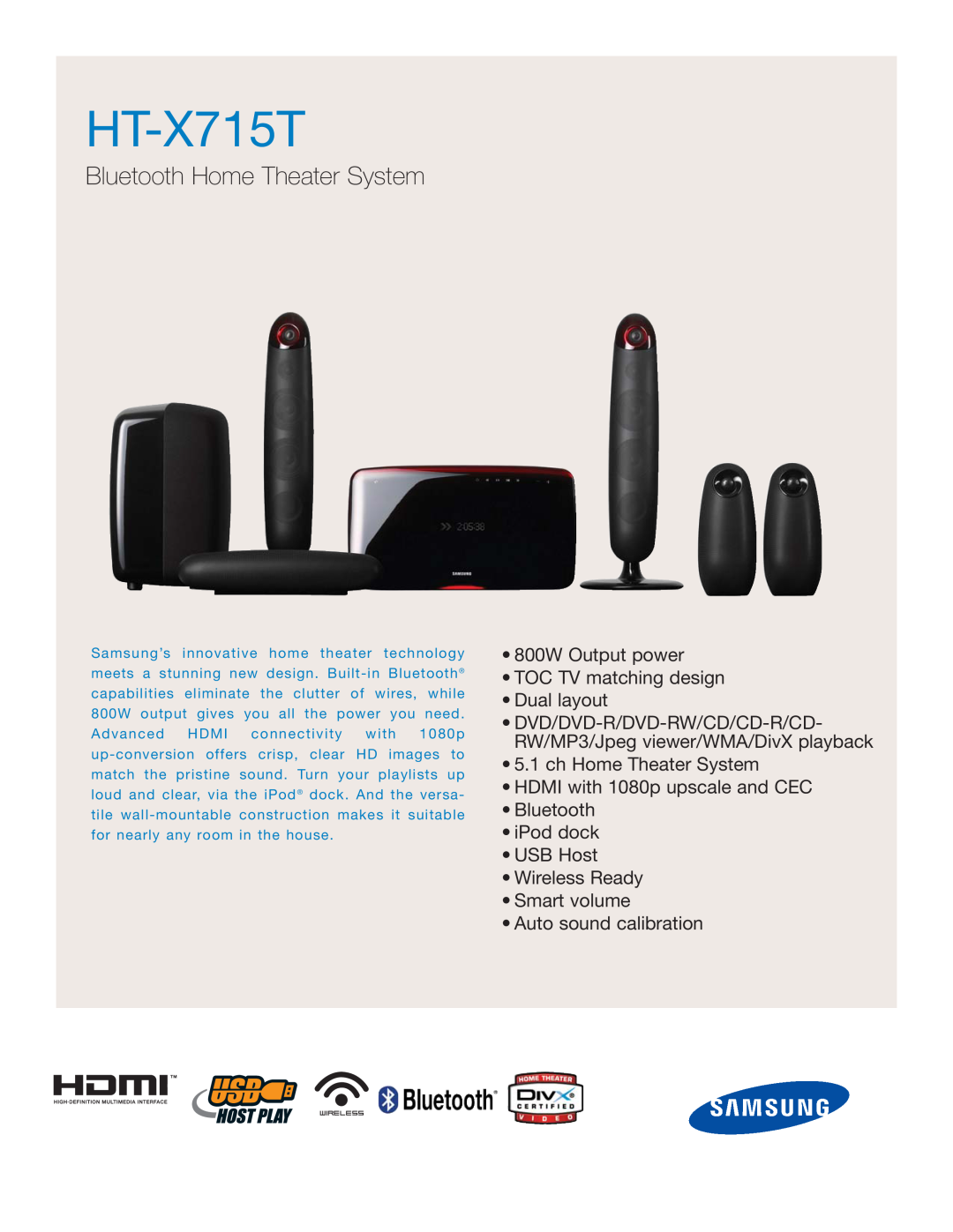 Polk Audio HT-X715T manual Bluetooth Home Theater System 