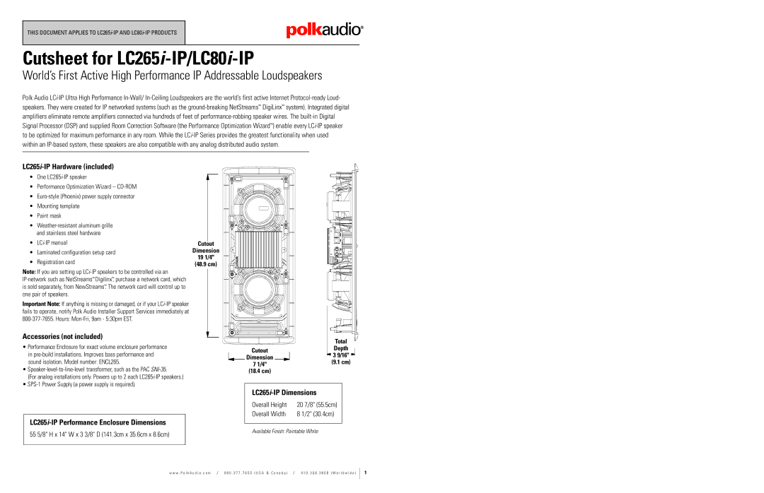 Polk Audio dimensions LC265i-IP Hardware included, Accessories not included, LC265i-IP Performance Enclosure Dimensions 