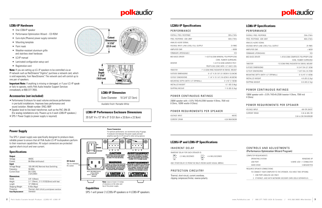 Polk Audio LC265i dimensions LC80i-IP Hardware, LC80i-IP Dimension, LC80i-IP Performance Enclosure Dimensions, Power Supply 