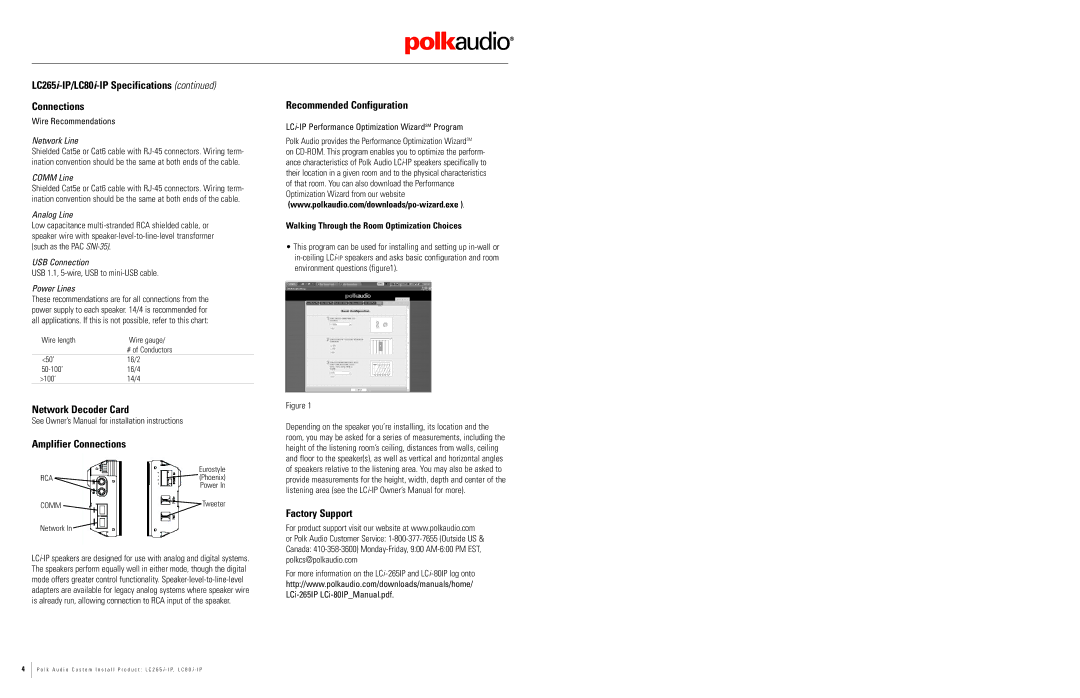 Polk Audio LC265i-IP/LC80i-IP Specifications Connections, Network Decoder Card Amplifier Connections, Factory Support 