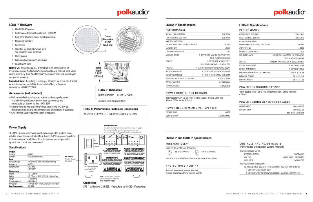 Polk Audio LC80i-IPHardware, LC80i-IPDimension, LC80i-IPPerformance Enclosure Dimensions, LC265i-IPSpecifications 