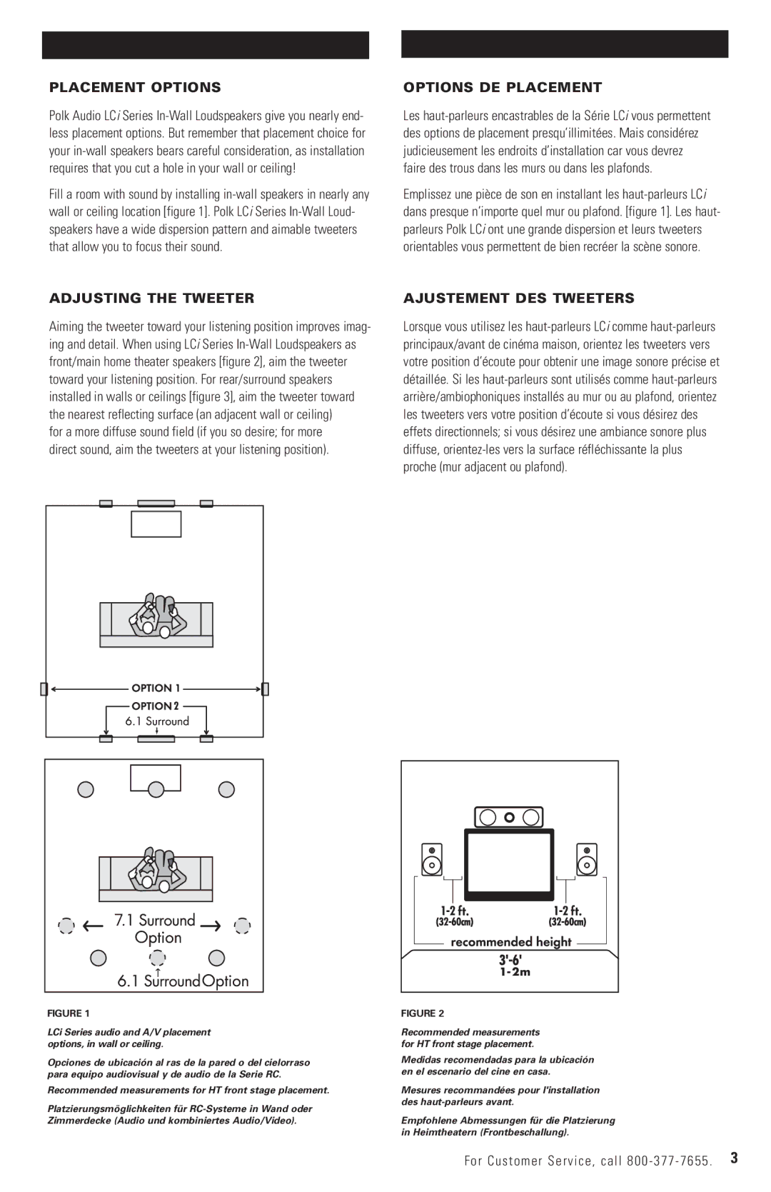 Polk Audio LC60i, LC265i, LC65I Placement Options, Options DE Placement, Adjusting the Tweeter, Ajustement DES Tweeters 