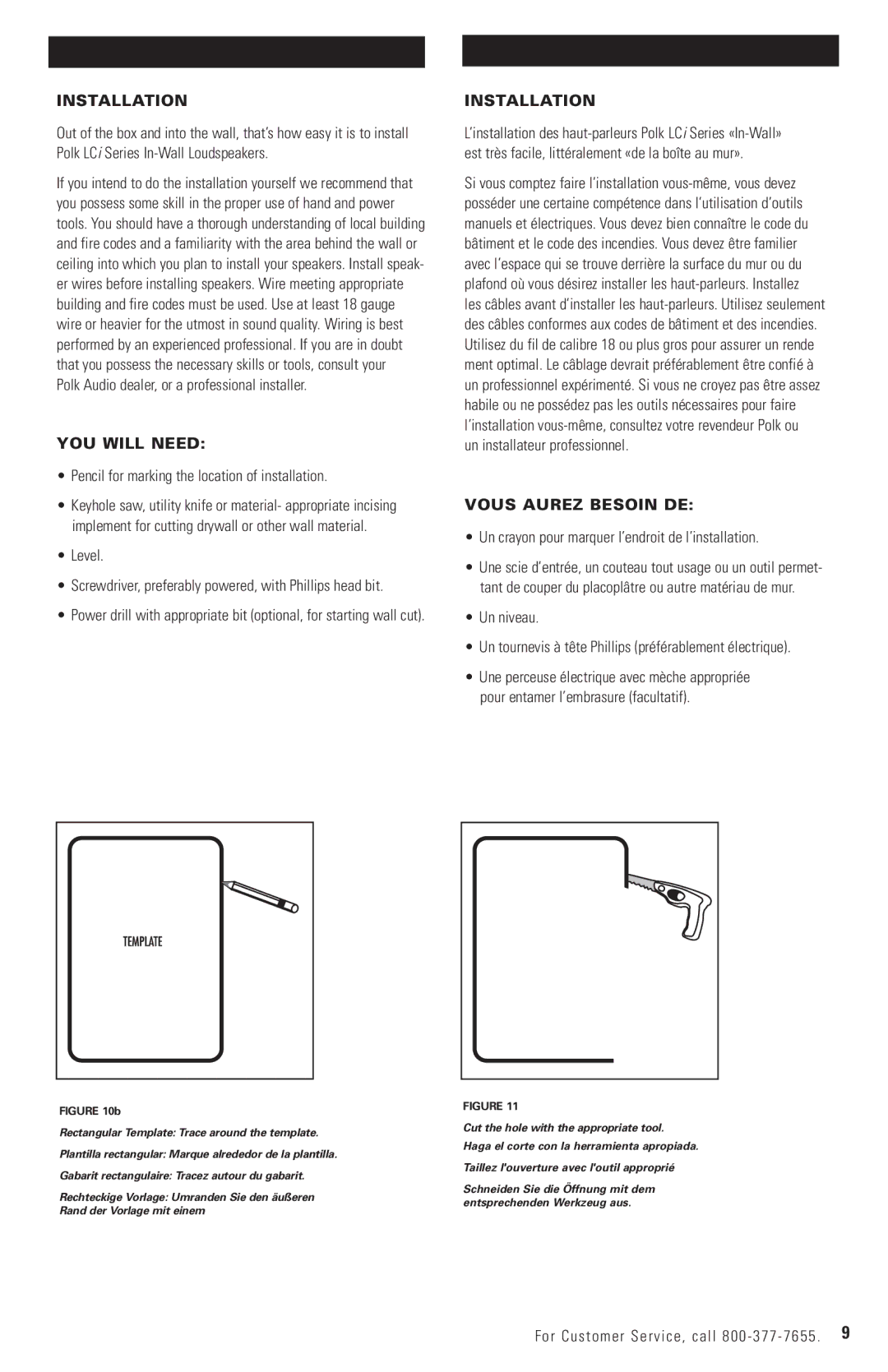 Polk Audio LC60i, LC265i, LC65I owner manual Installation, YOU will Need, Vous Aurez Besoin DE 