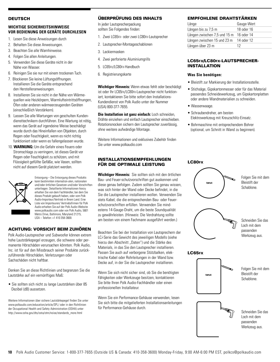 Polk Audio owner manual Überprüfung DES Inhalts, Empfohlene Drahtstärken, LC65FX/LC80FX-LAUTSPRECHER Installation 