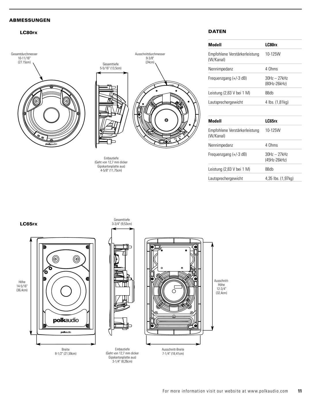 Polk Audio LC65FX owner manual Abmessungen LC80FX, Daten, Modell, Empfohlene Verstärkerleistung 