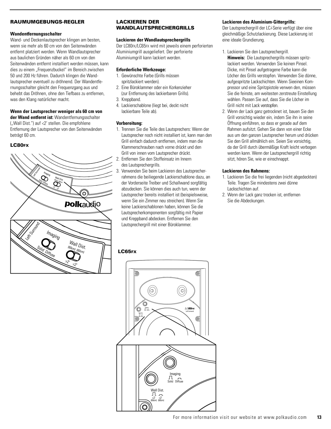 Polk Audio LC65FX owner manual Raumumgebungs-Regler, Lackieren DER Wandlautsprechergrills 