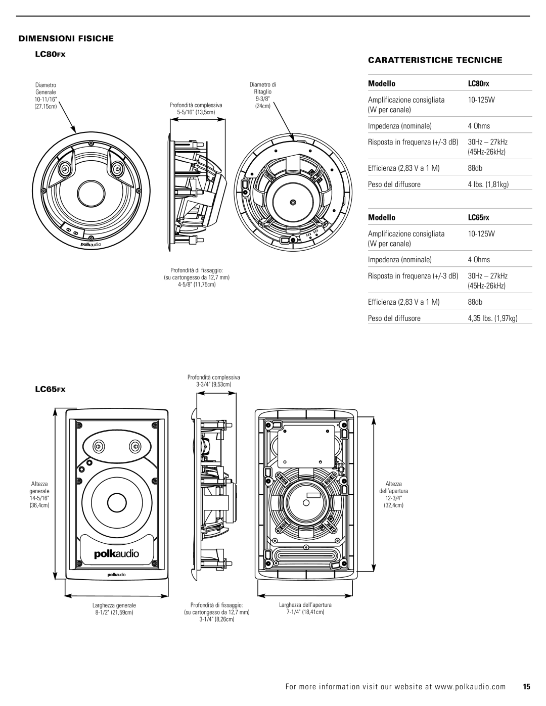 Polk Audio LC65FX owner manual Dimensioni Fisiche LC80FX, Caratteristiche Tecniche, Modello 