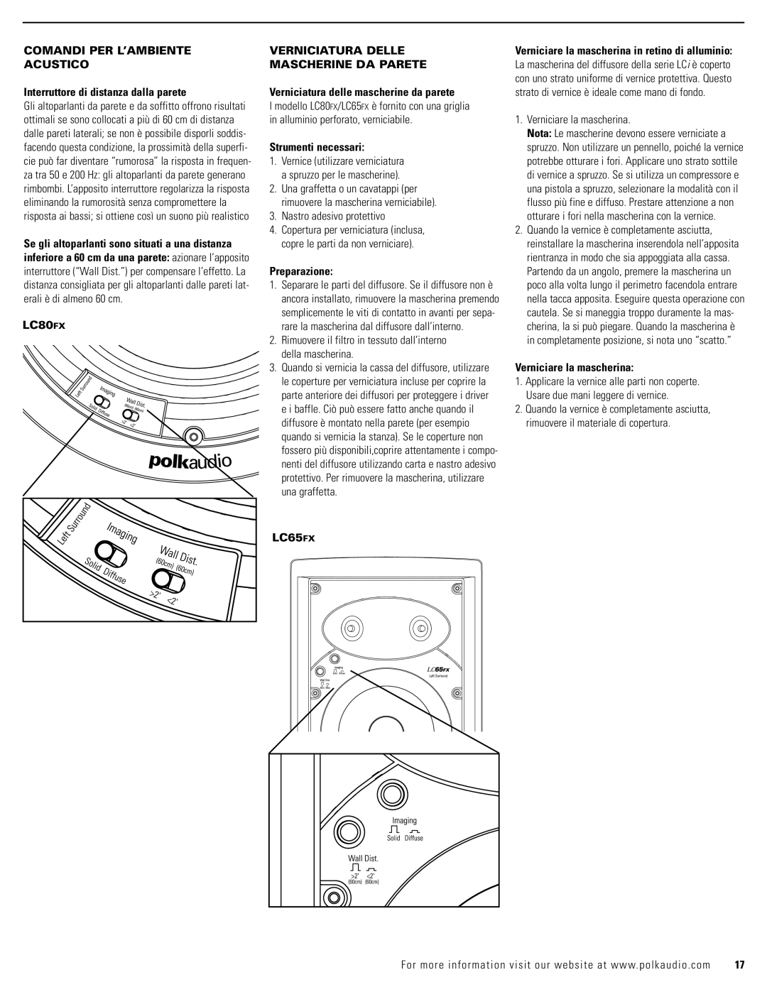 Polk Audio LC65FX owner manual Comandi PER L’AMBIENTE Acustico, Verniciatura Delle Mascherine DA Parete 