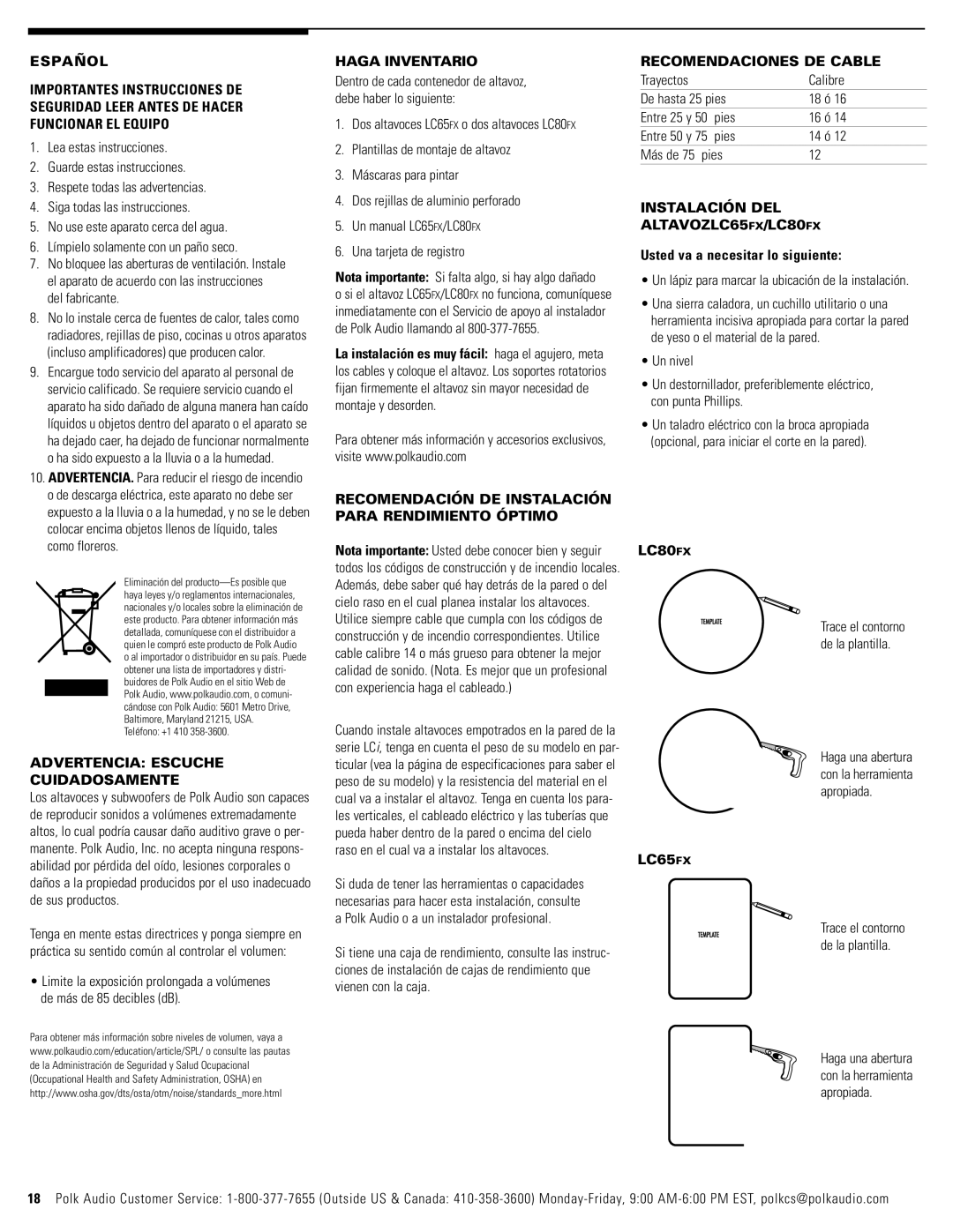 Polk Audio LC65FX Haga Inventario, Recomendación DE Instalación Para Rendimiento Óptimo, Recomendaciones DE Cable 