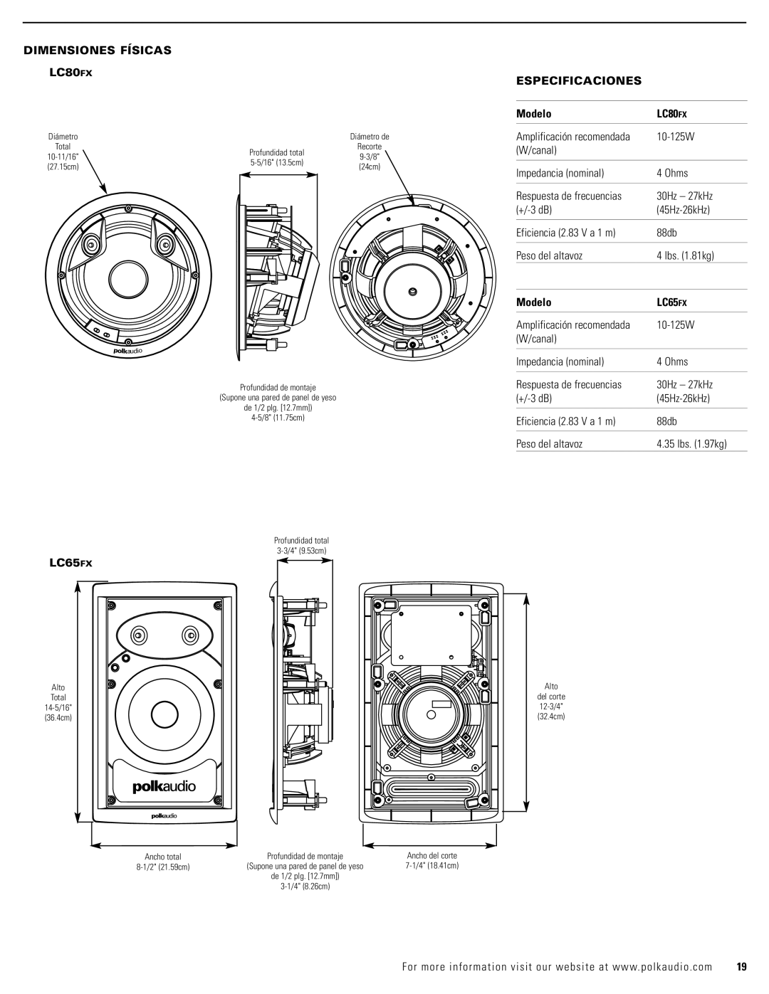 Polk Audio LC65FX owner manual Dimensiones Físicas LC80FX, Especificaciones, Amplificación recomendada 