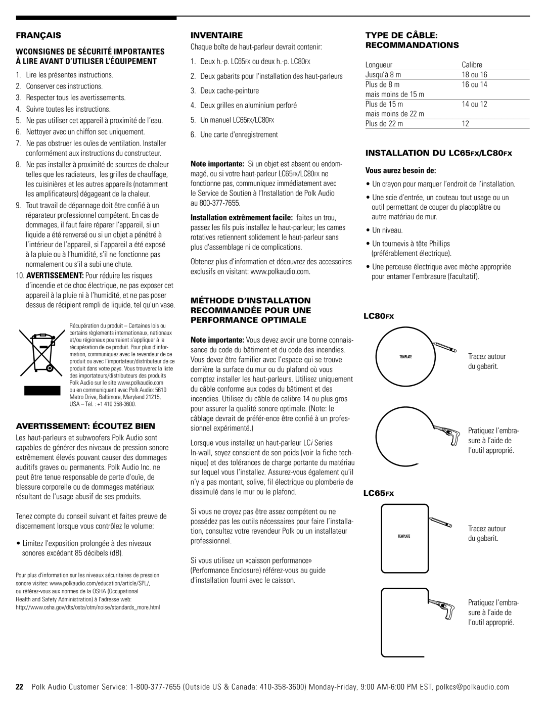 Polk Audio owner manual Français, Inventaire, Type DE Câble Recommandations, Installation DU LC65FX/LC80FX 