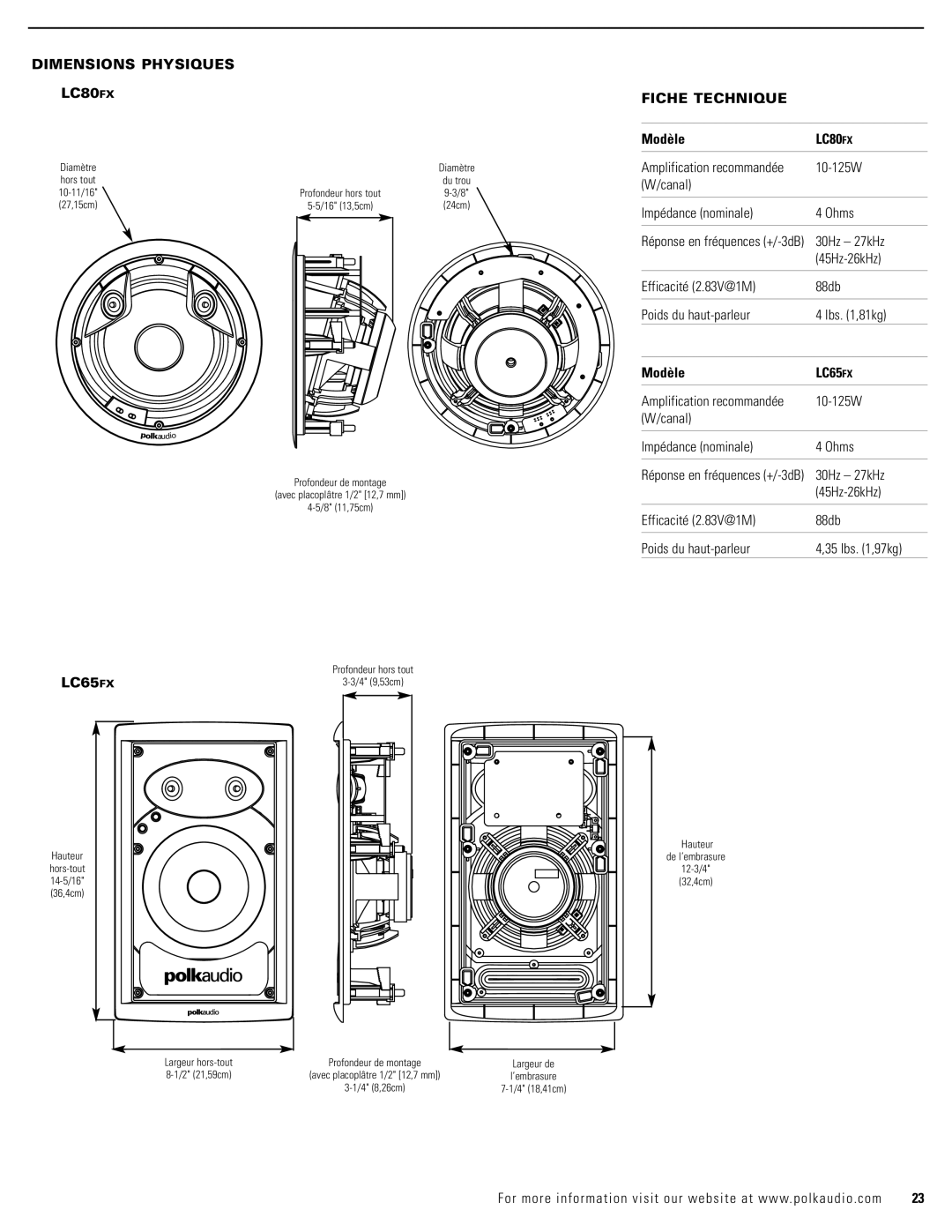 Polk Audio LC65FX owner manual Dimensions Physiques LC80FX, Fiche Technique, Modèle 