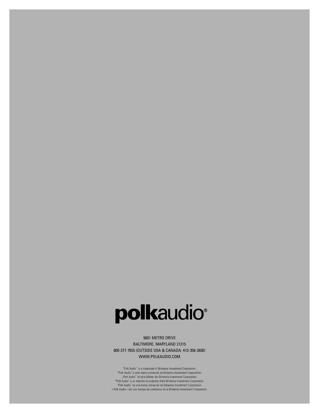 Polk Audio LC65FX owner manual Metro Drive BALTIMORE, Maryland, Outside USA & Canada 