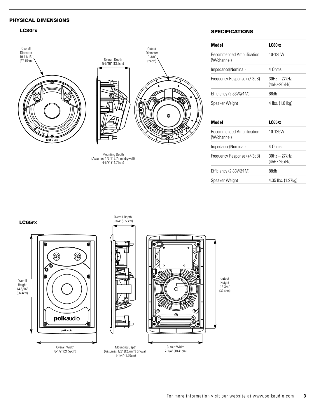 Polk Audio LC65FX owner manual Physical Dimensions LC80FX, LC65 FX, Specifications, Model 