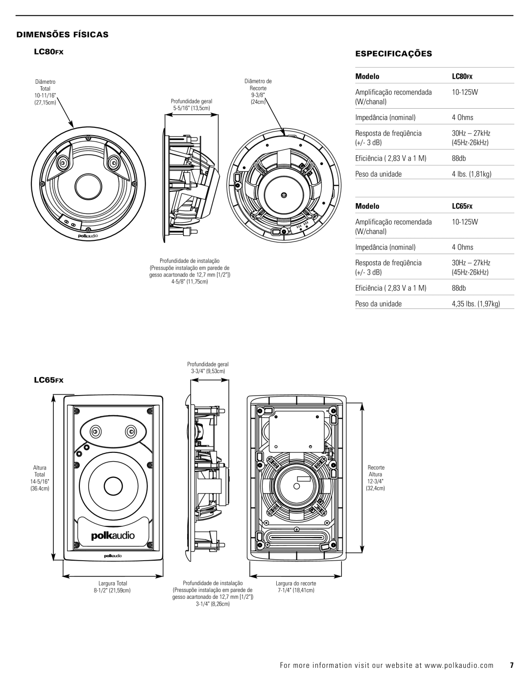 Polk Audio LC65FX owner manual Dimensões Físicas LC80FX, Especificações, Modelo, Amplificação recomendada 