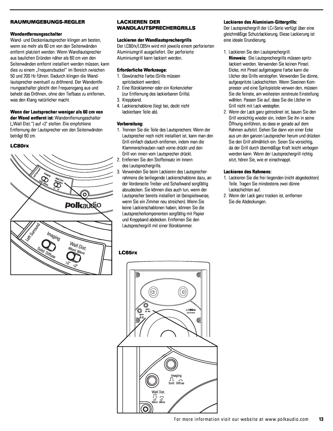 Polk Audio LC65FX owner manual olkaudi, RAUMUMGEBUNGS-REGLER Wandentfernungsschalter 