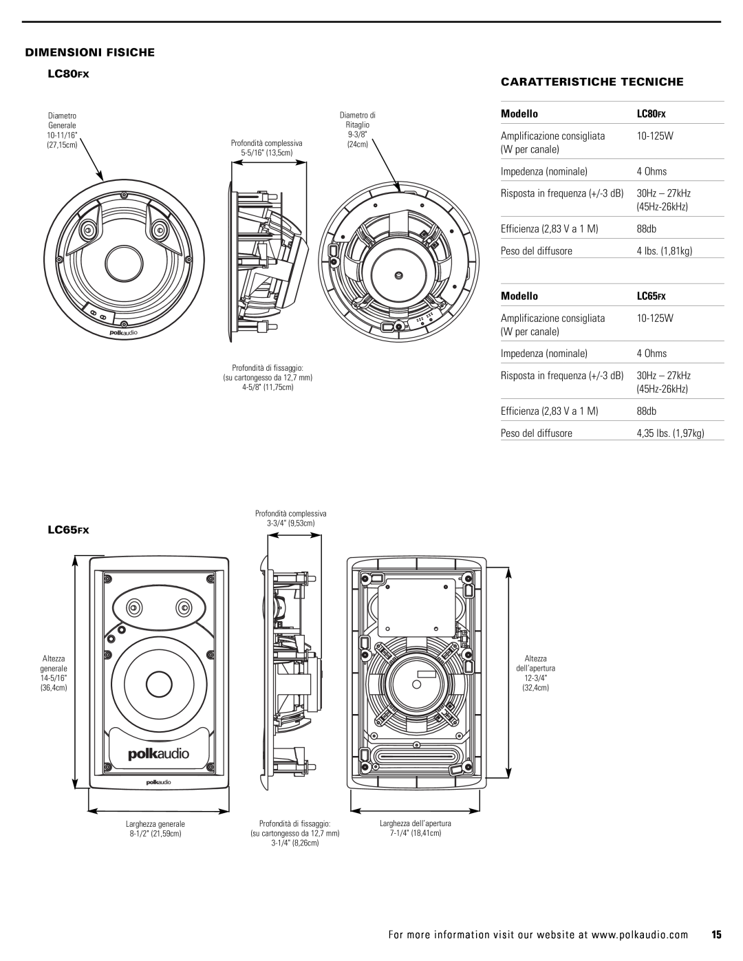 Polk Audio LC65FX owner manual DIMENSIONI FISICHE LC80FX, Caratteristiche Tecniche, Modello 