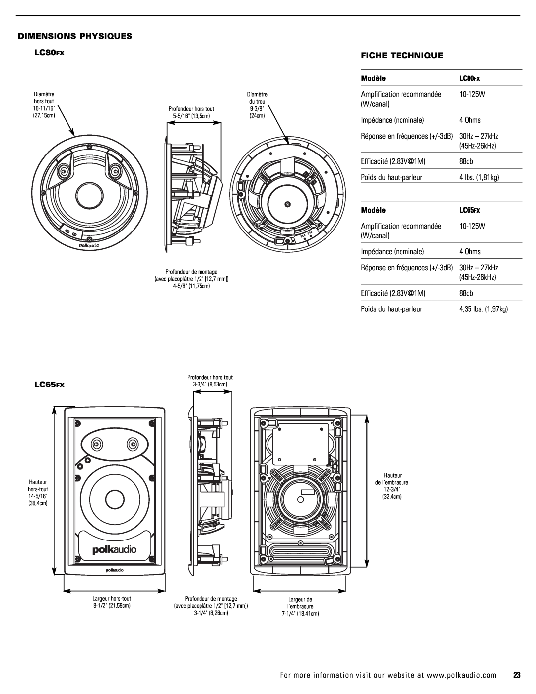 Polk Audio LC65FX owner manual DIMENSIONS PHYSIQUES LC80FX, Fiche Technique, Modèle 