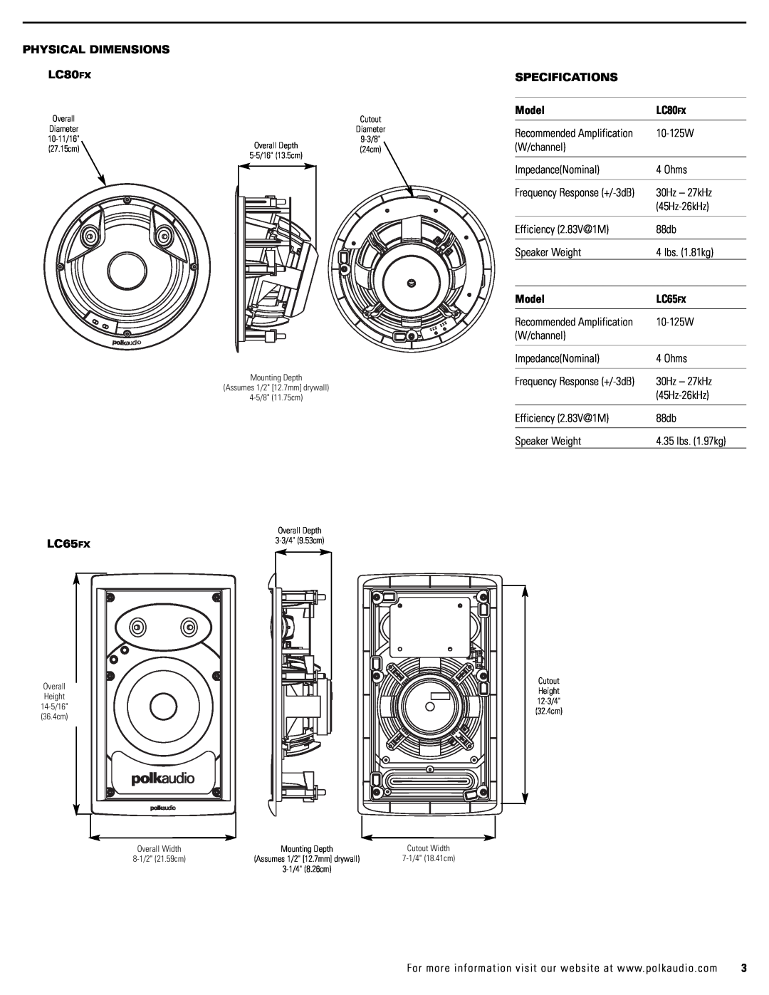 Polk Audio LC65FX owner manual PHYSICAL DIMENSIONS LC80FX, Specifications, Model 