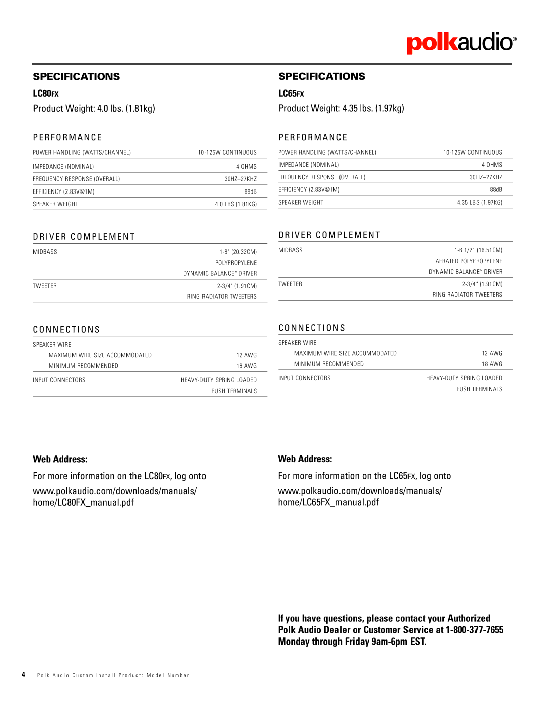 Polk Audio LC80fx dimensions Specifications LC80FX, Specifications LC65FX, Web Address 